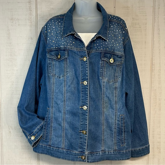CJ Banks Womens Studded Denim Jean Jacket Sz 3X Stretch Buttons Med Blue Sparkly - Picture 1 of 7